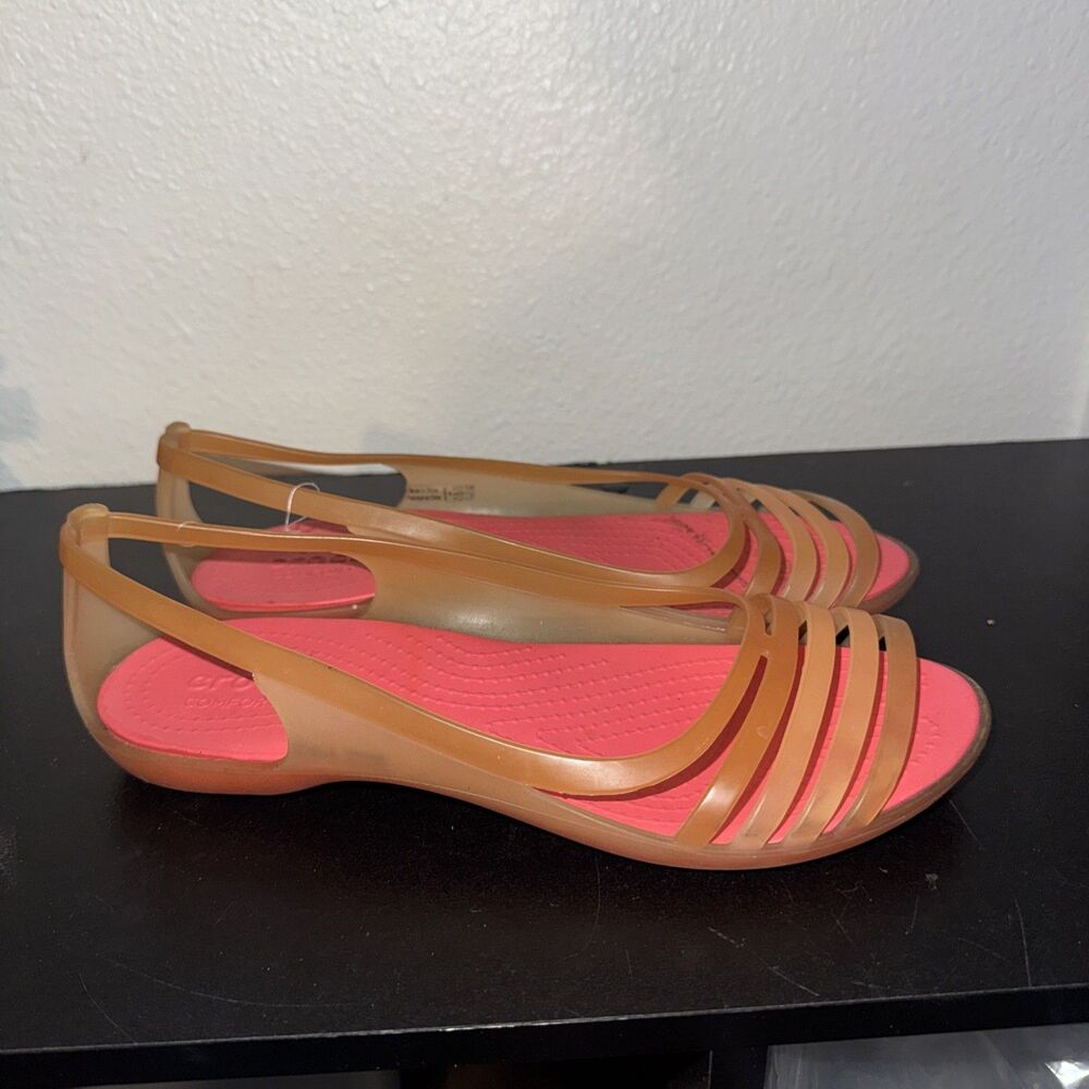 CROCS Women's Tan Strap Sandals with Coral Pink Footbed